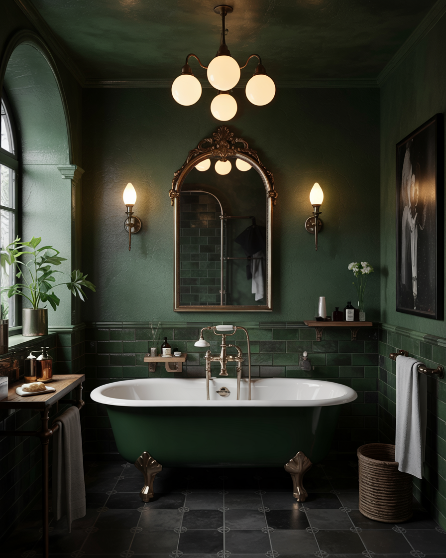 Forest green bathroom with freestanding bath, glossy tile, bronze fittings and old mirror