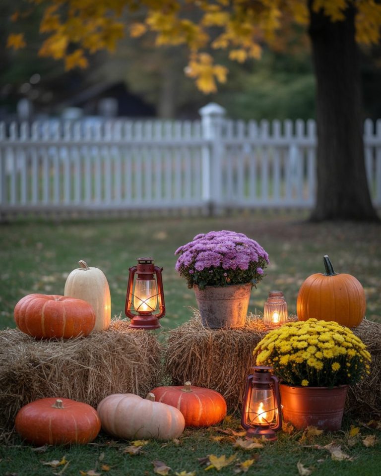 36 Fall Outdoor Decor Ideas for Porches Yards and Steps with Mums Hay ...