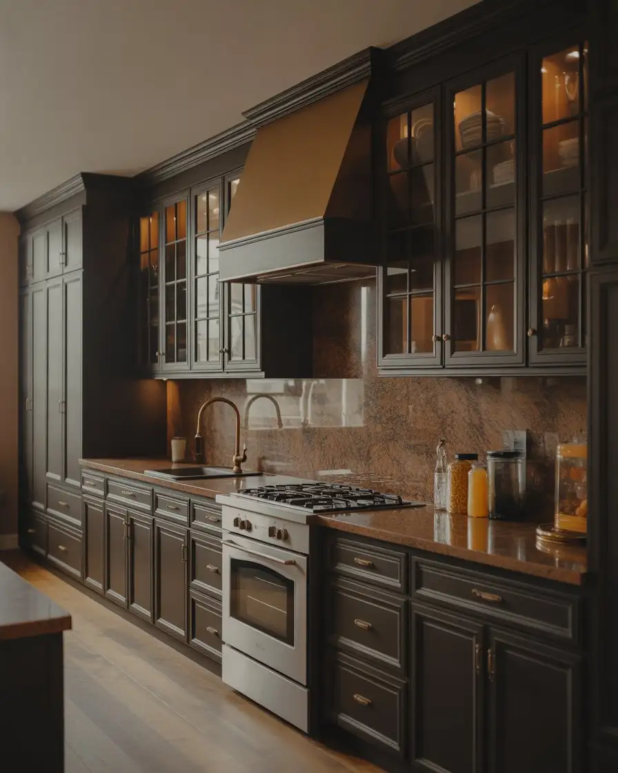 Black Cabinets with Brown Countertops for Warmth 1