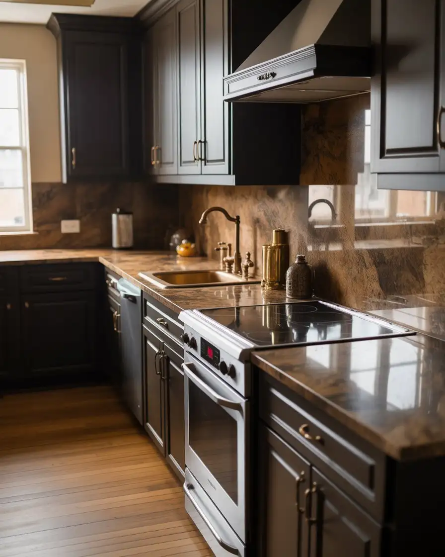 Black Cabinets with Brown Countertops for Warmth 2