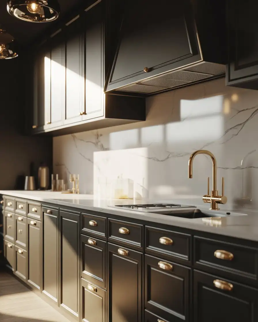 Black Cabinets with Gold Hardware and Handles 1