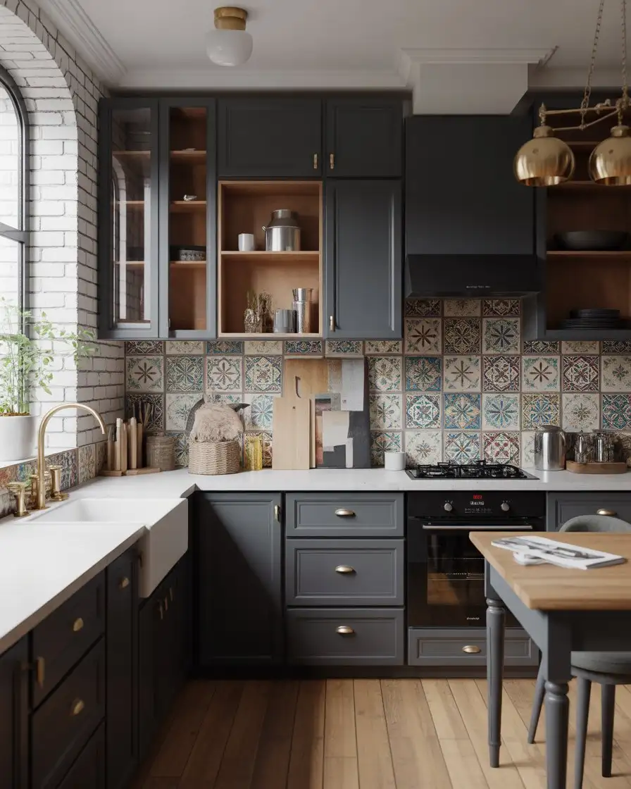 Black Cabinets with Patterned Tile Backsplash 1