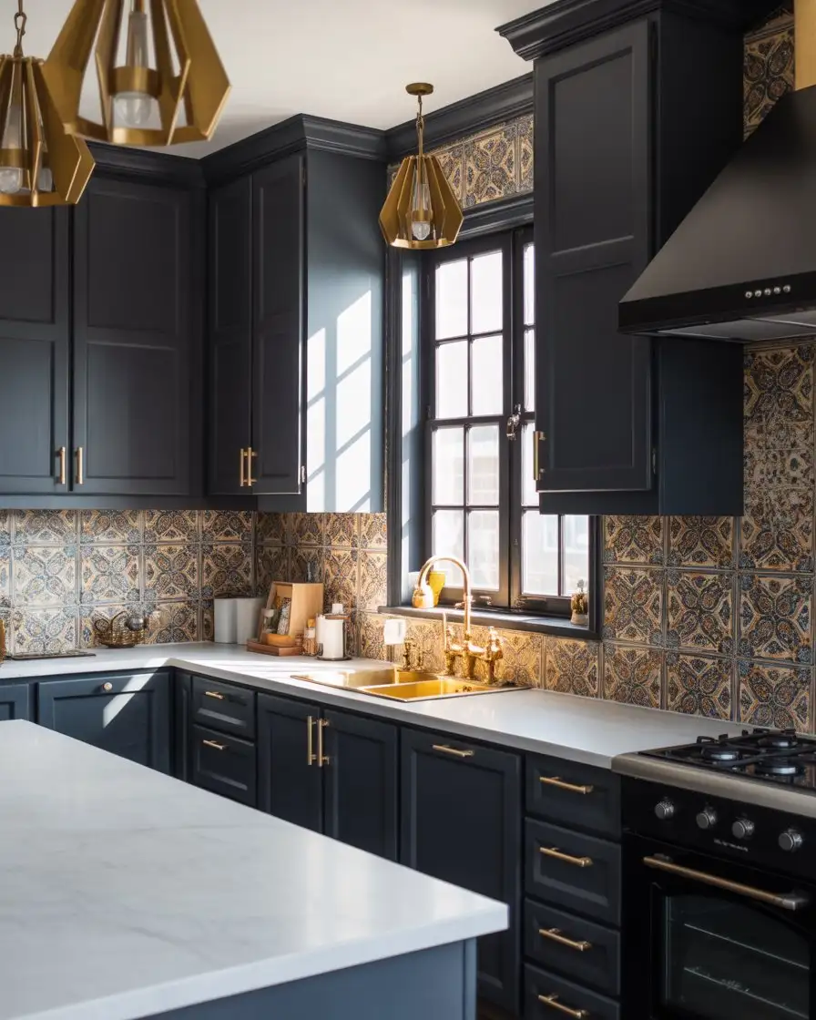Black Cabinets with Patterned Tile Backsplash 2