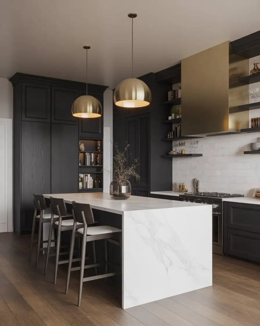 Black Cabinets with Waterfall Island in Contrasting Material 1