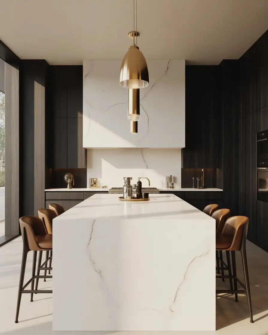 Black Cabinets with Waterfall Island in Contrasting Material 2