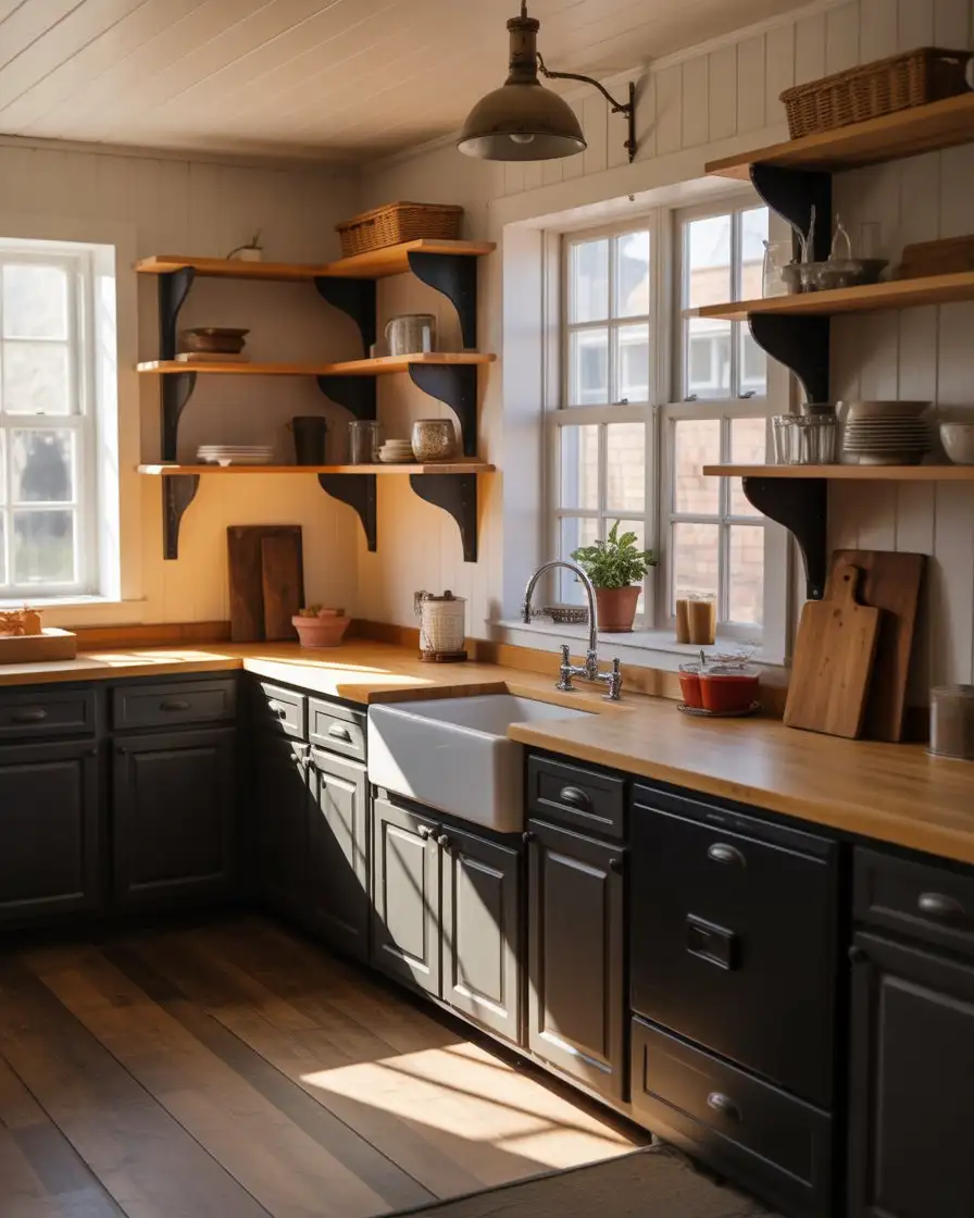 Black Kitchen Cabinets with Butcher Block Countertops 1