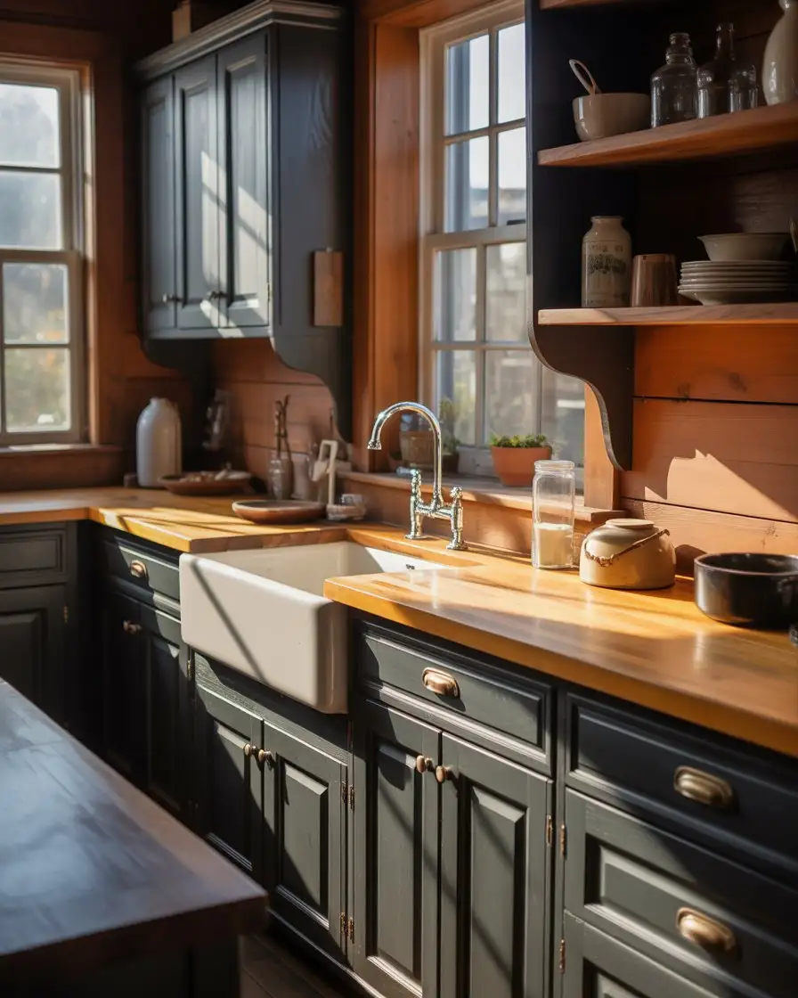 Black Kitchen Cabinets with Butcher Block Countertops 2