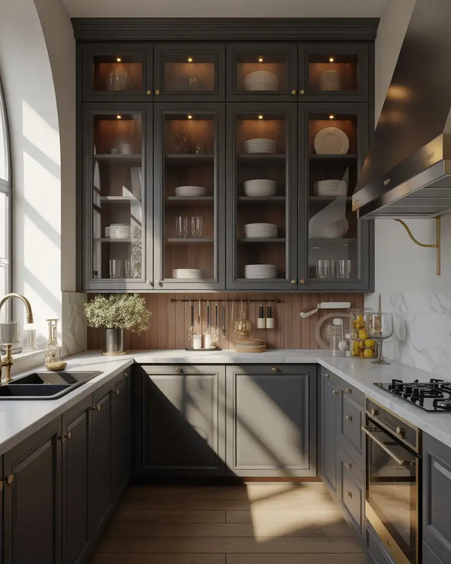 Black Lower Cabinets with Glass Upper Cabinets 1