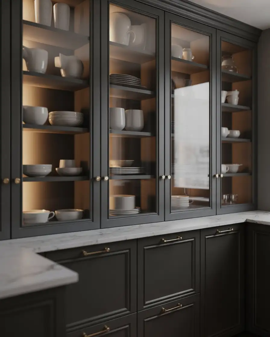 Black Lower Cabinets with Glass Upper Cabinets 2