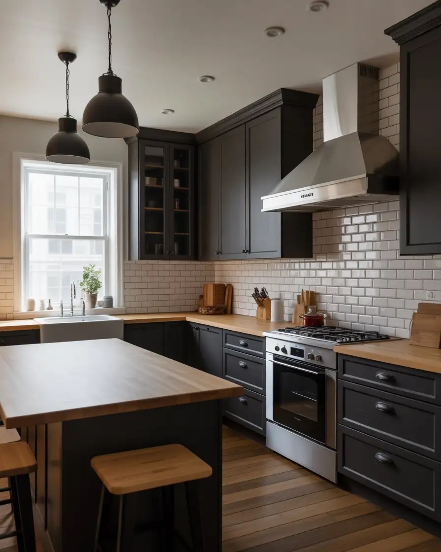 Black Shaker Cabinets with Butcher Block Counters 1