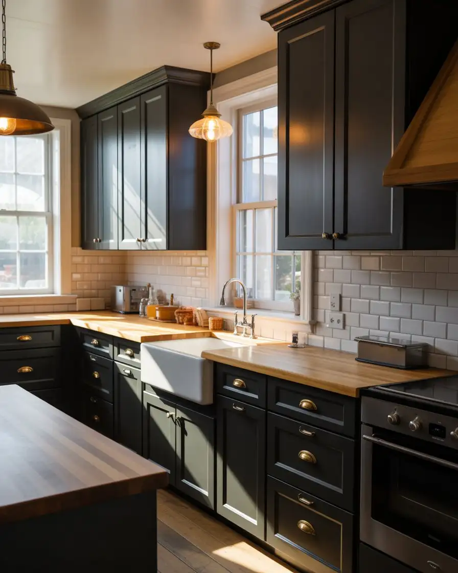 Black Shaker Cabinets with Butcher Block Counters 2