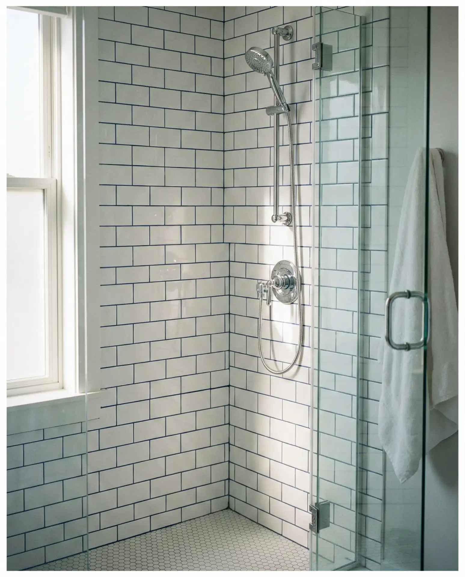 Classic White Subway Tile with Blue Grout 1