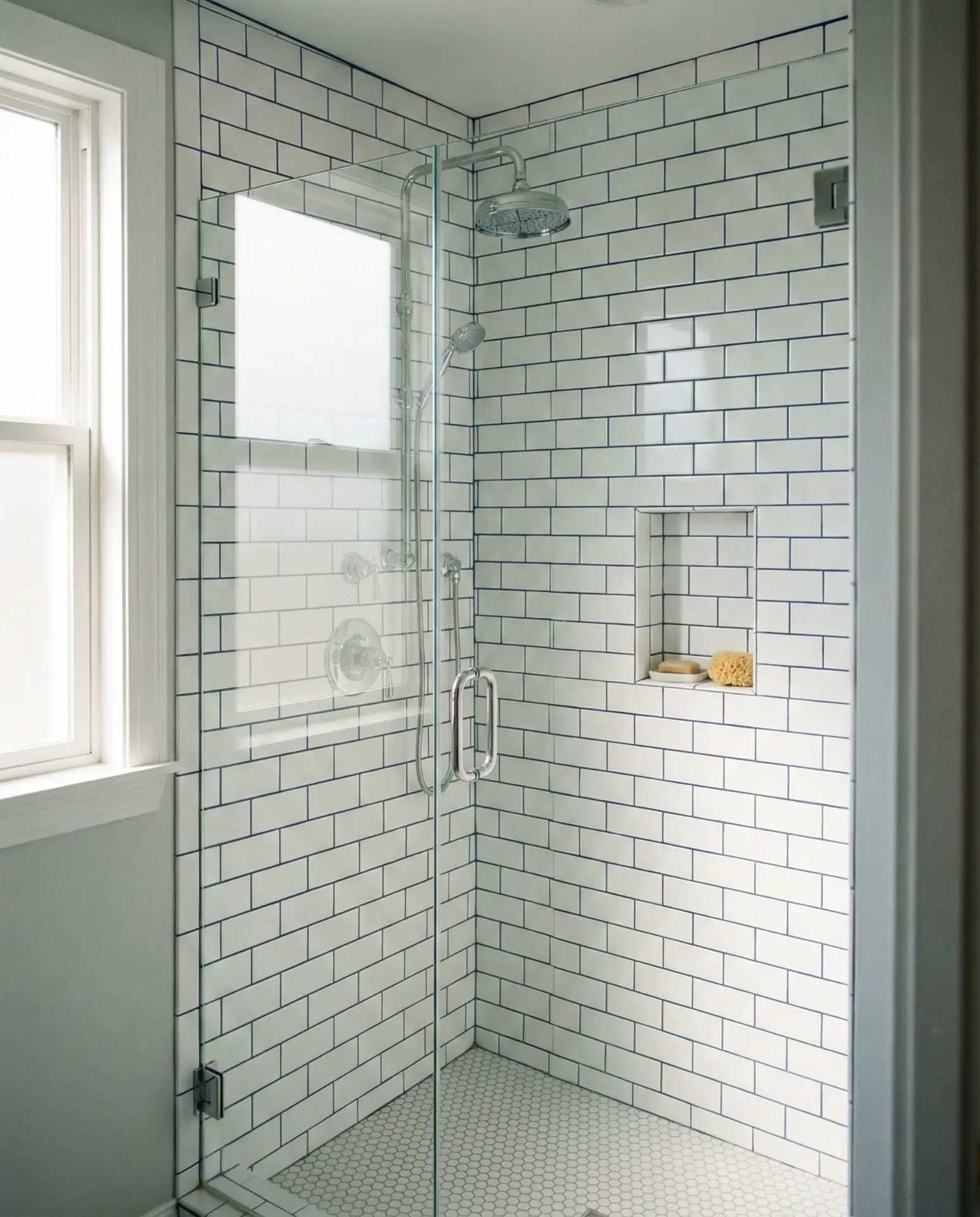 Classic White Subway Tile with Blue Grout 2