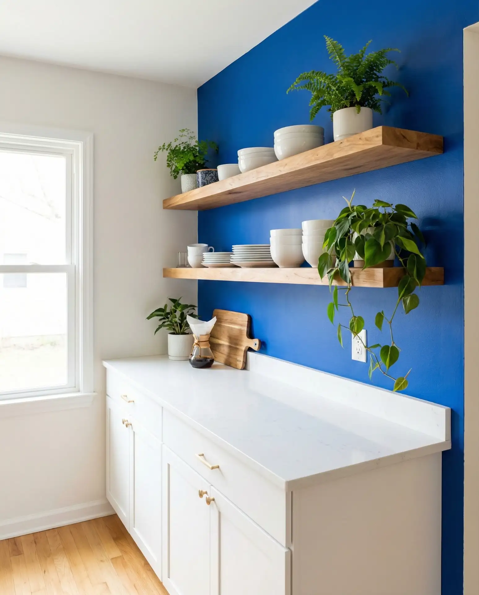 Cobalt Accent Wall Behind Open Shelves 1