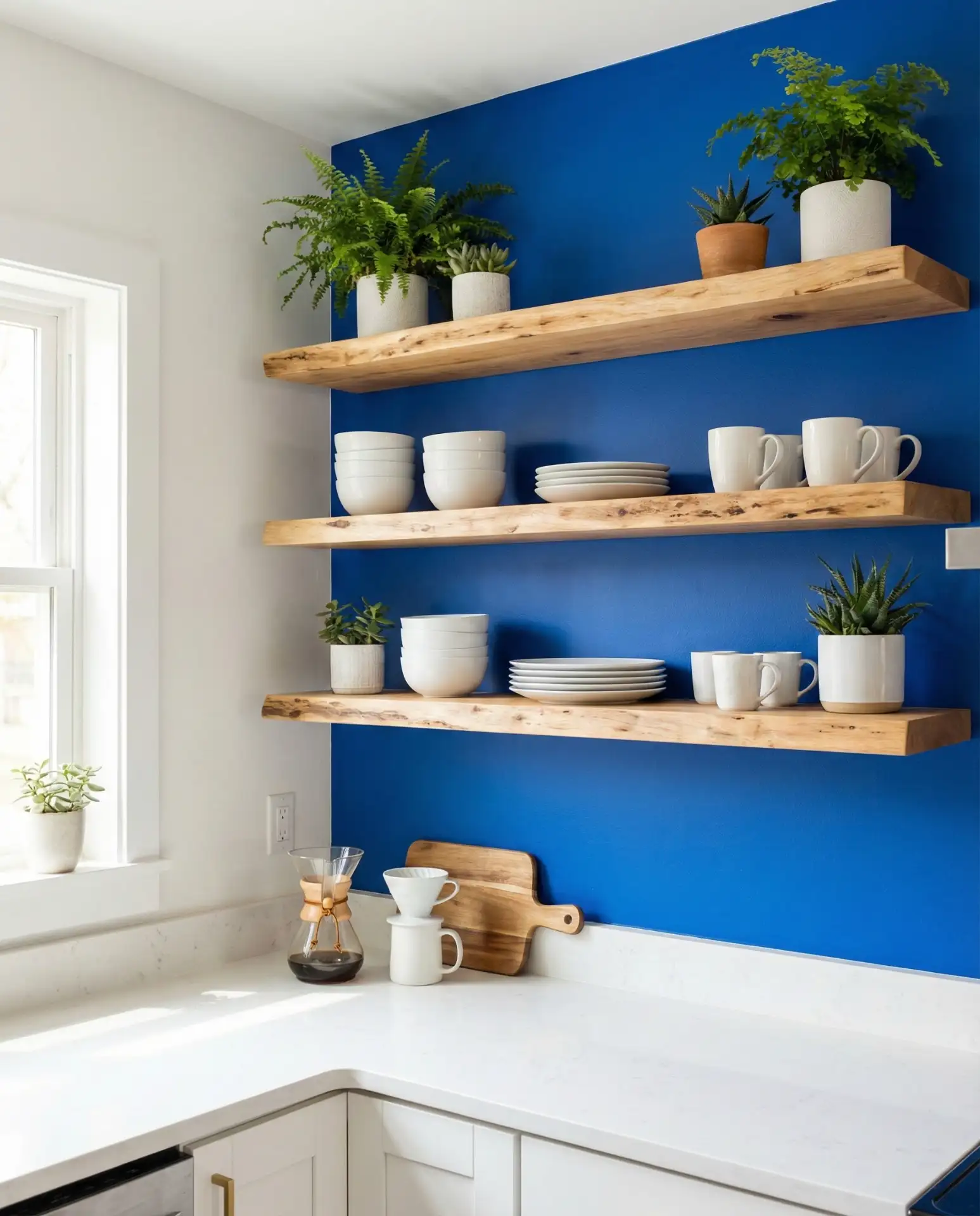 Cobalt Accent Wall Behind Open Shelves 2