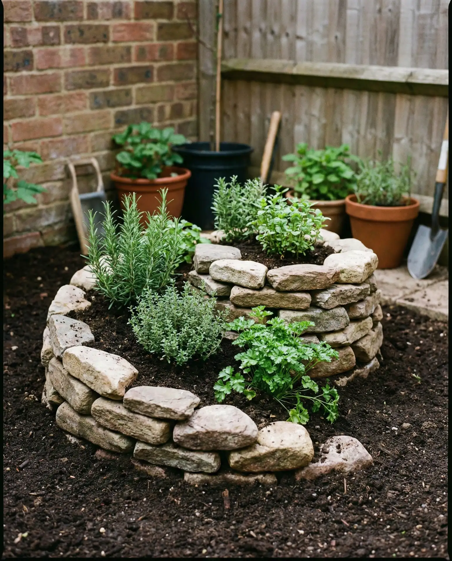 Compact Herb Spiral with Stone Walls