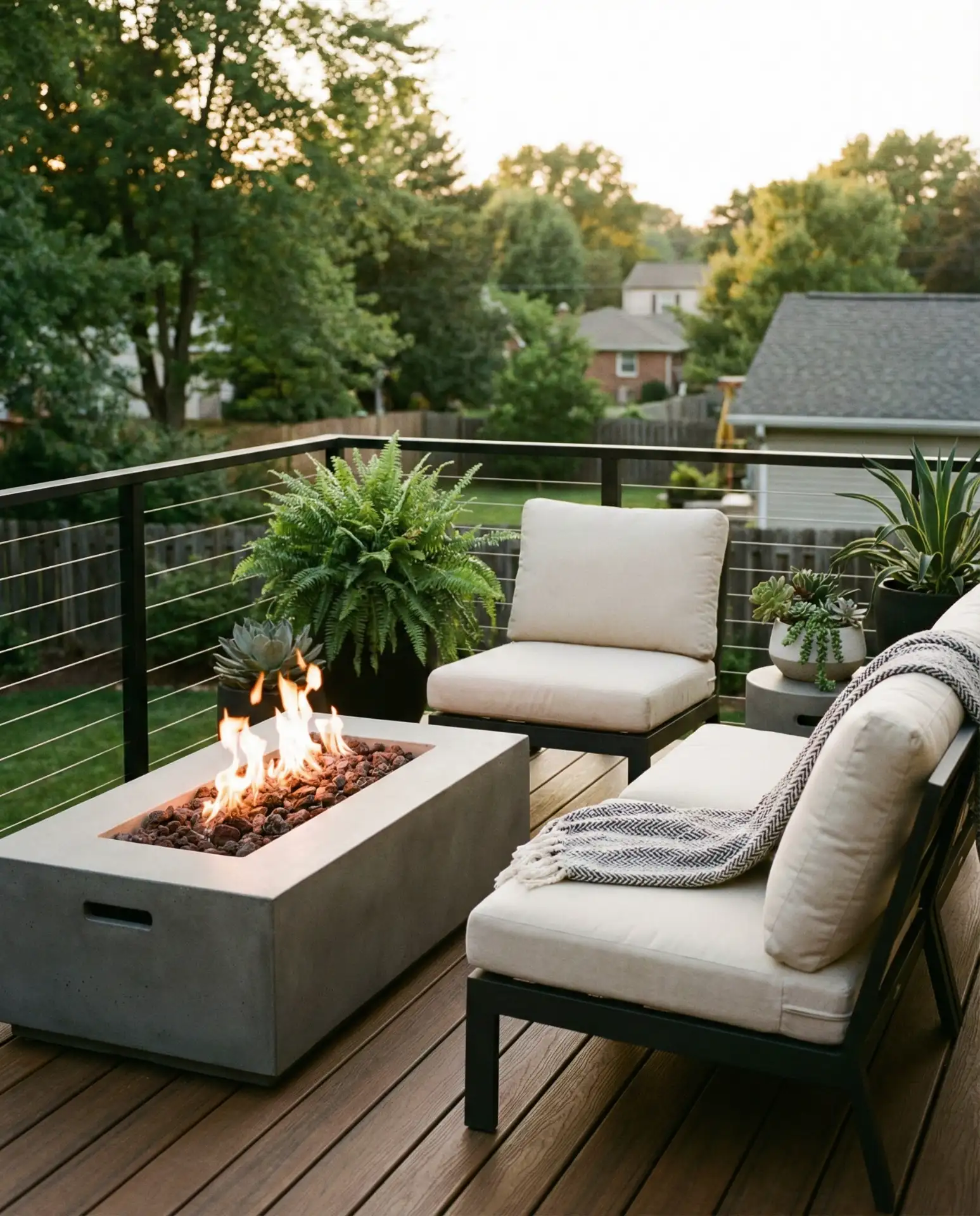 Corner Fire Pit Tucked into Deck Railings 1
