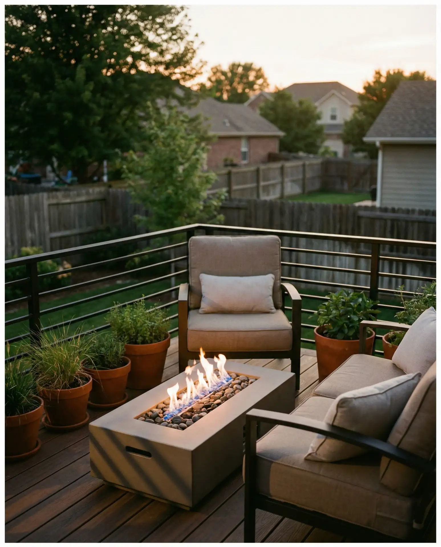 Corner Fire Pit Tucked into Deck Railings 2