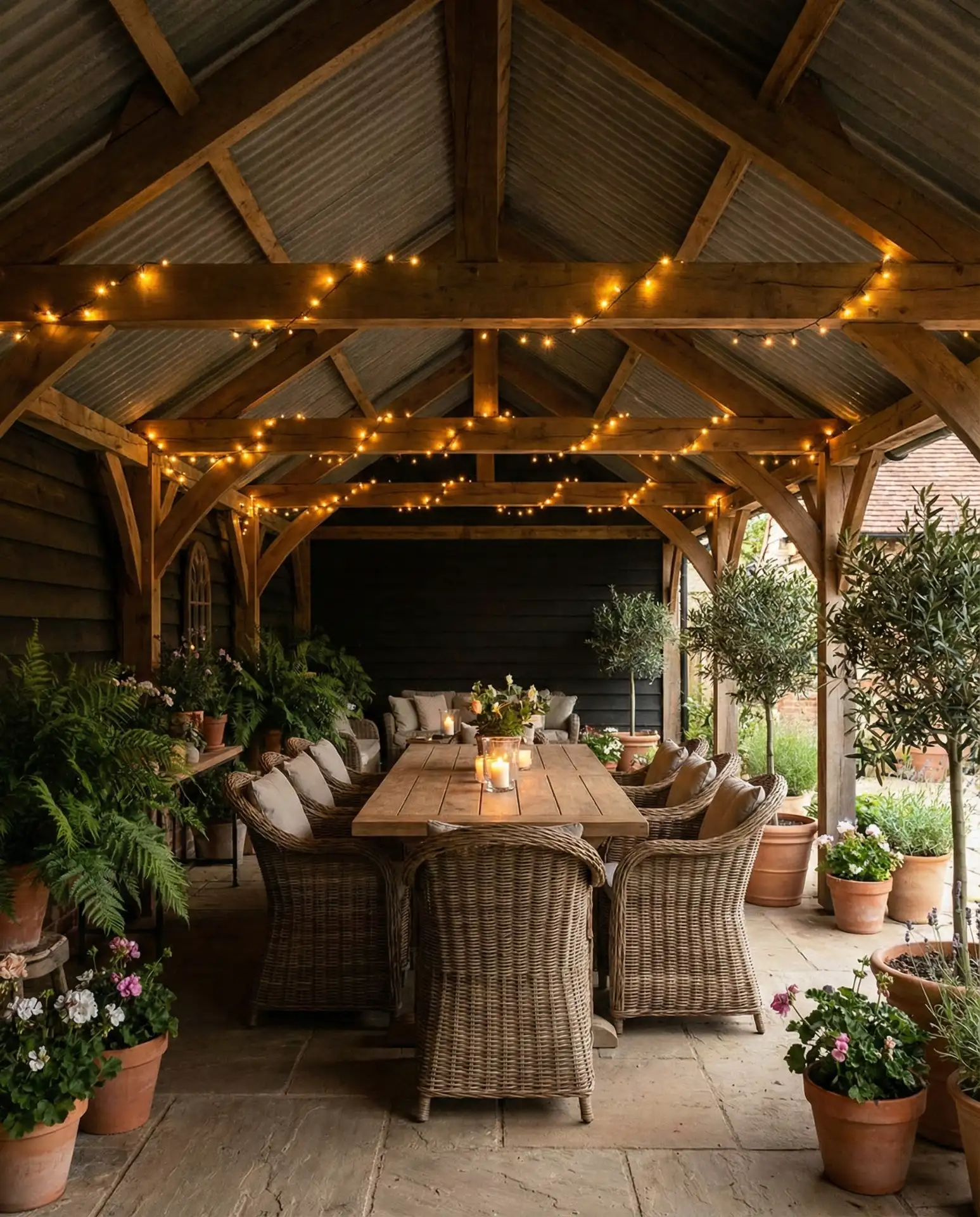 Covered Patio Dining with String Lights 1