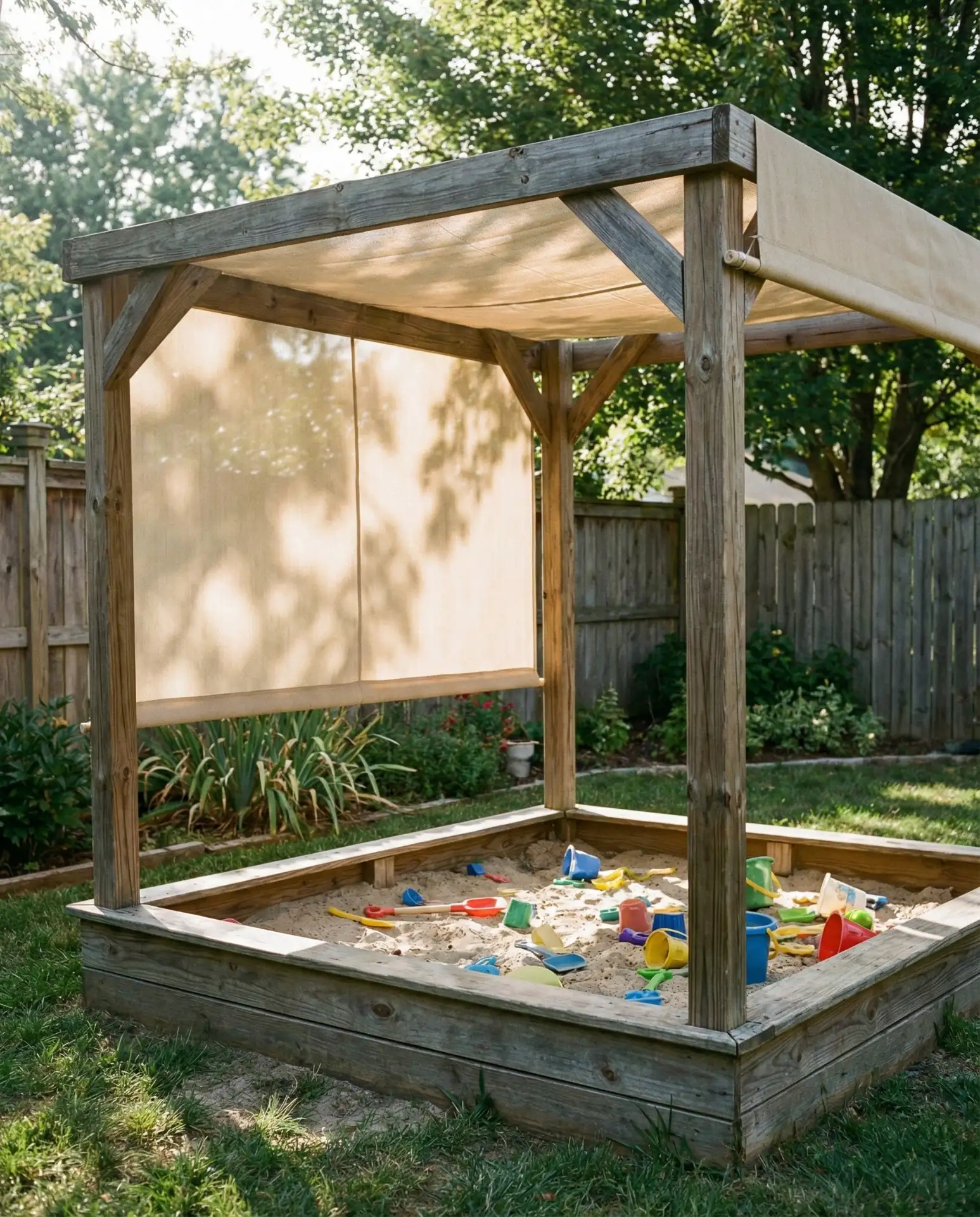 Covered Sandbox with Roll-Down Shade 1
