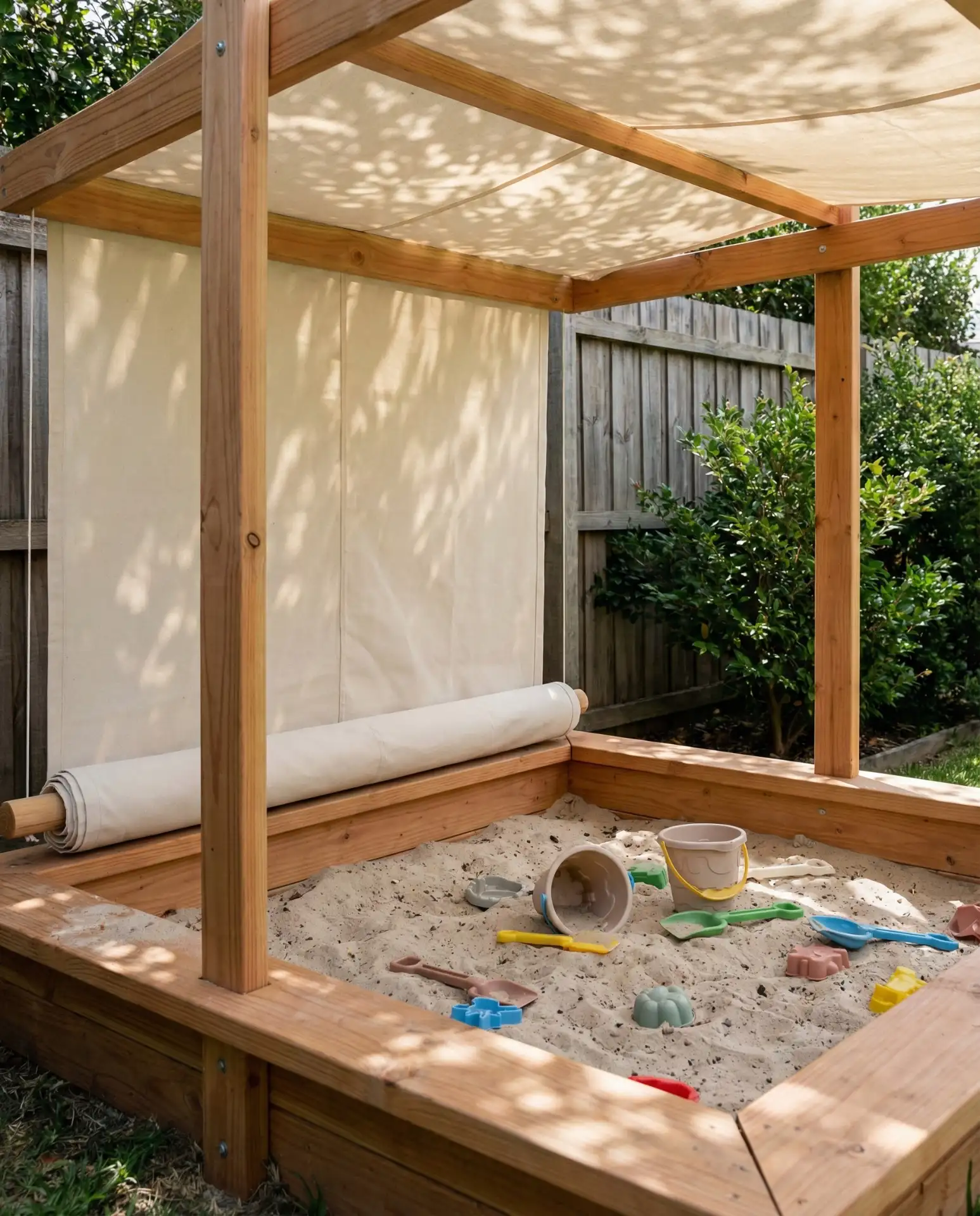 Covered Sandbox with Roll-Down Shade 2
