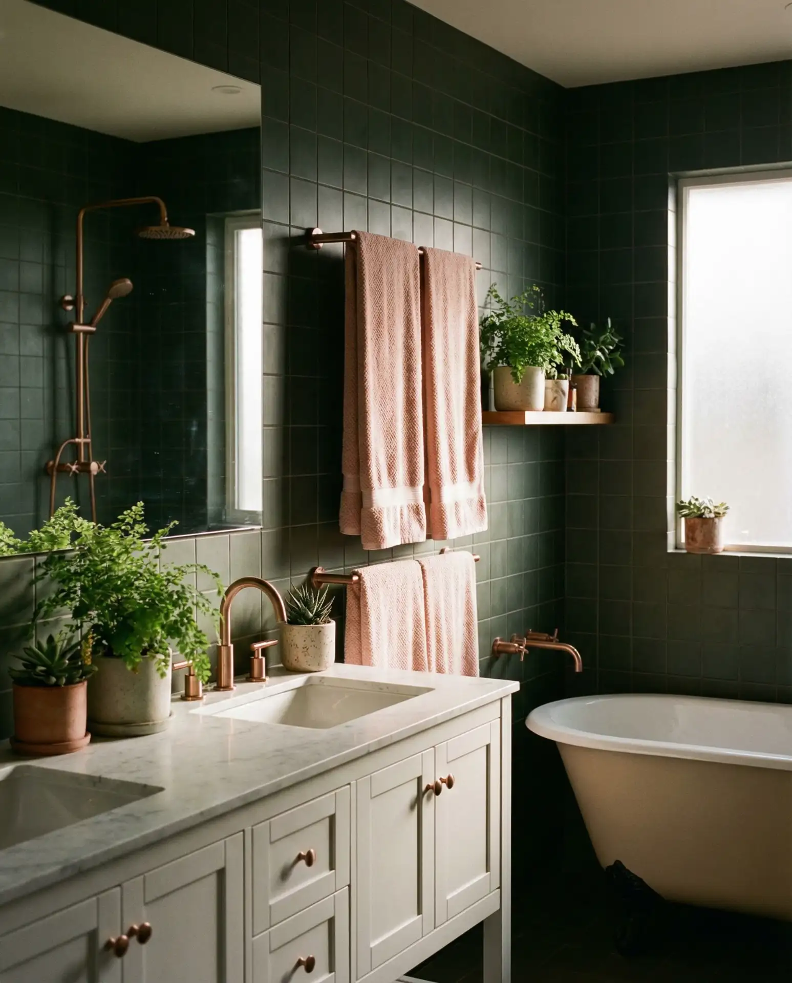 Dark Green Matte Tiles with Pink Accents 2
