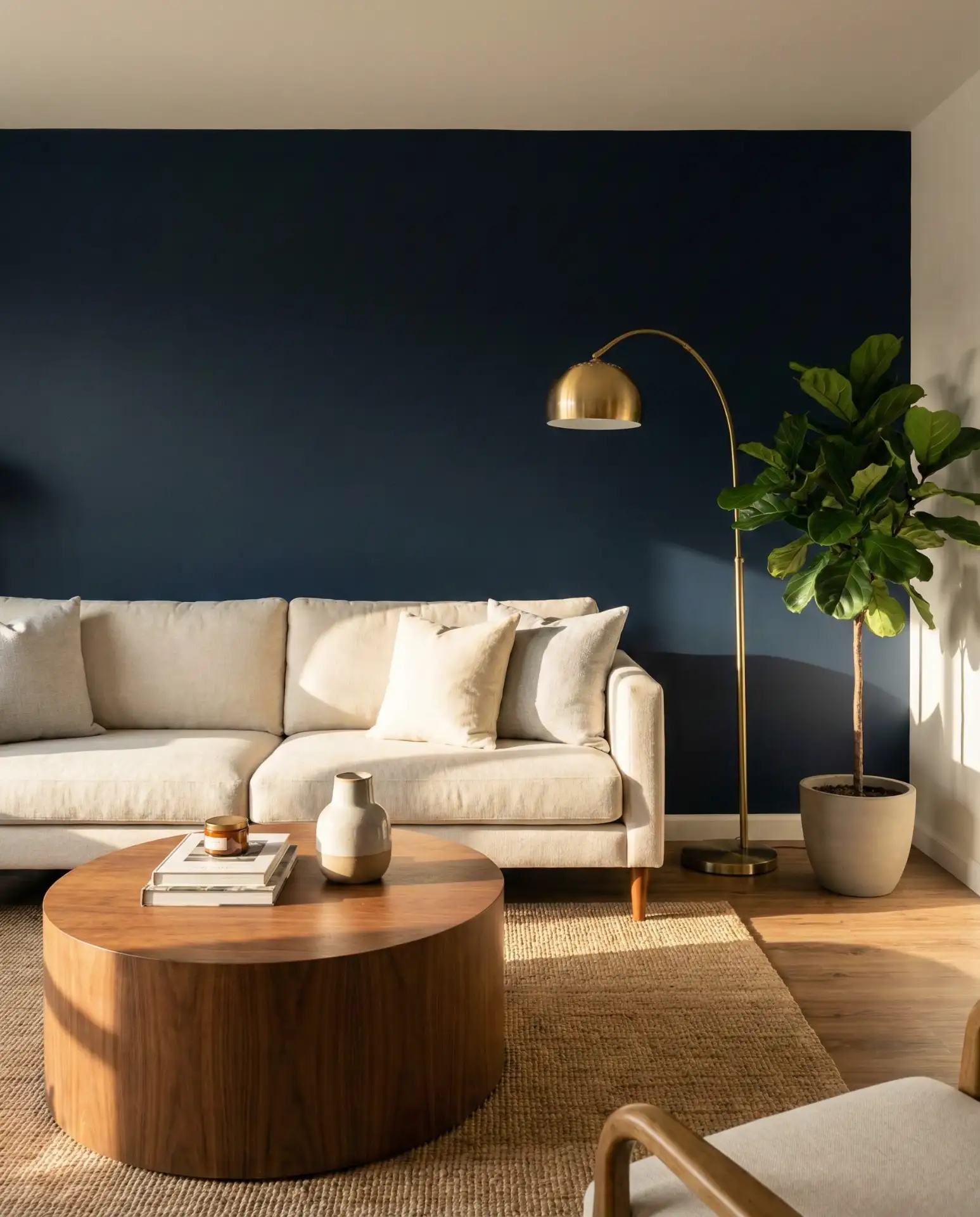 Dark Navy Statement Wall with Warm Wood Accents 1