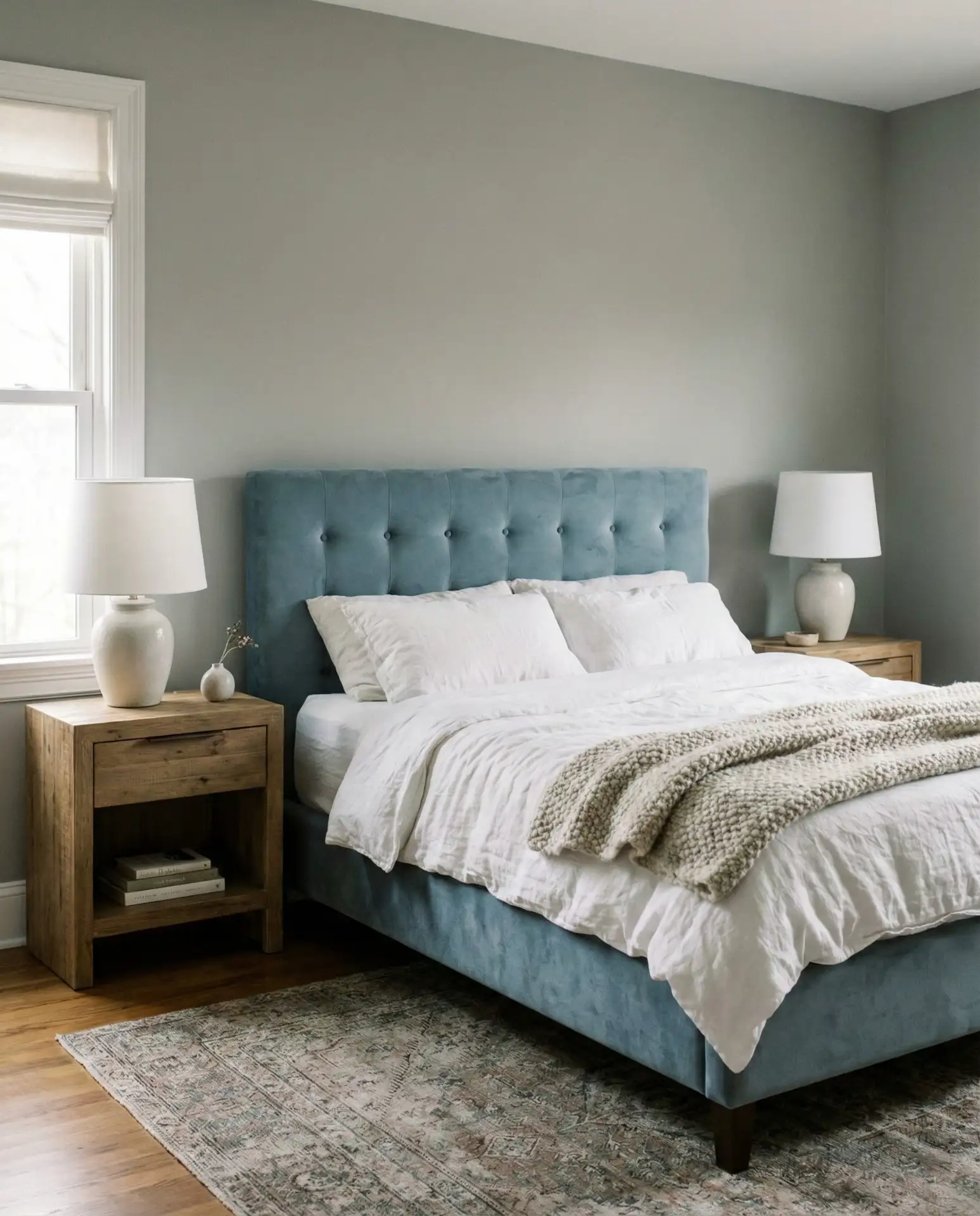 Dusty Blue Velvet Upholstered Bed 1