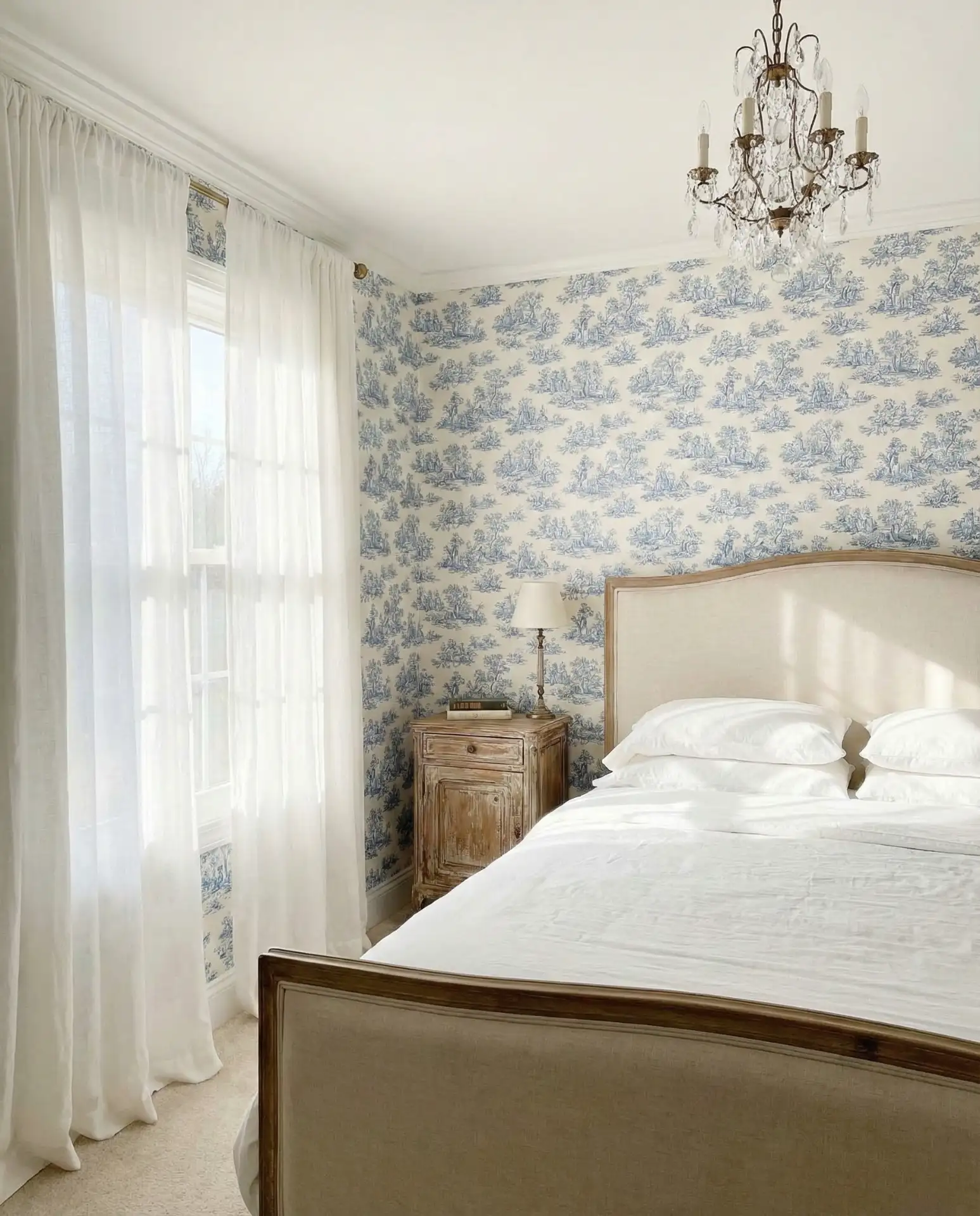Elegant Master Bedroom with Toile Wallpaper 1