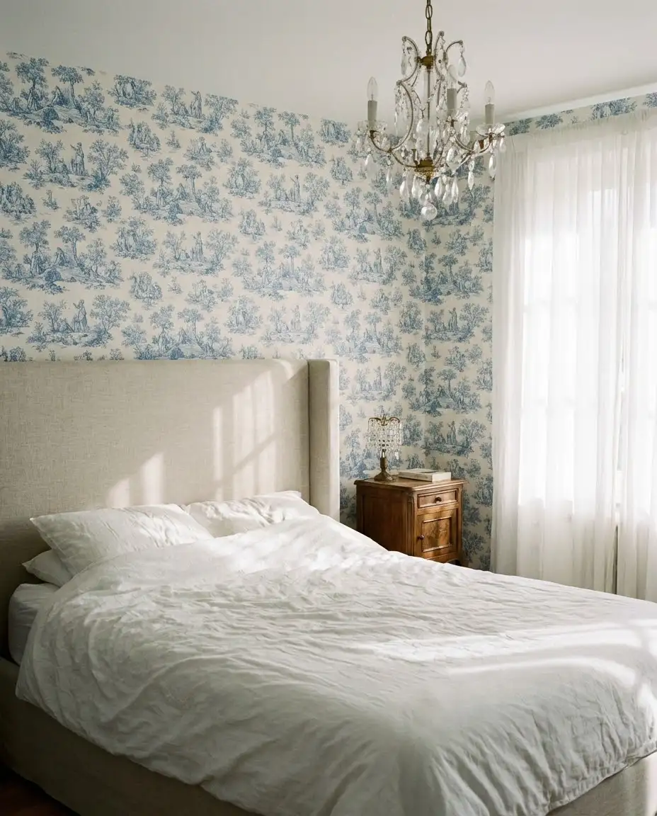 Elegant Master Bedroom with Toile Wallpaper 2