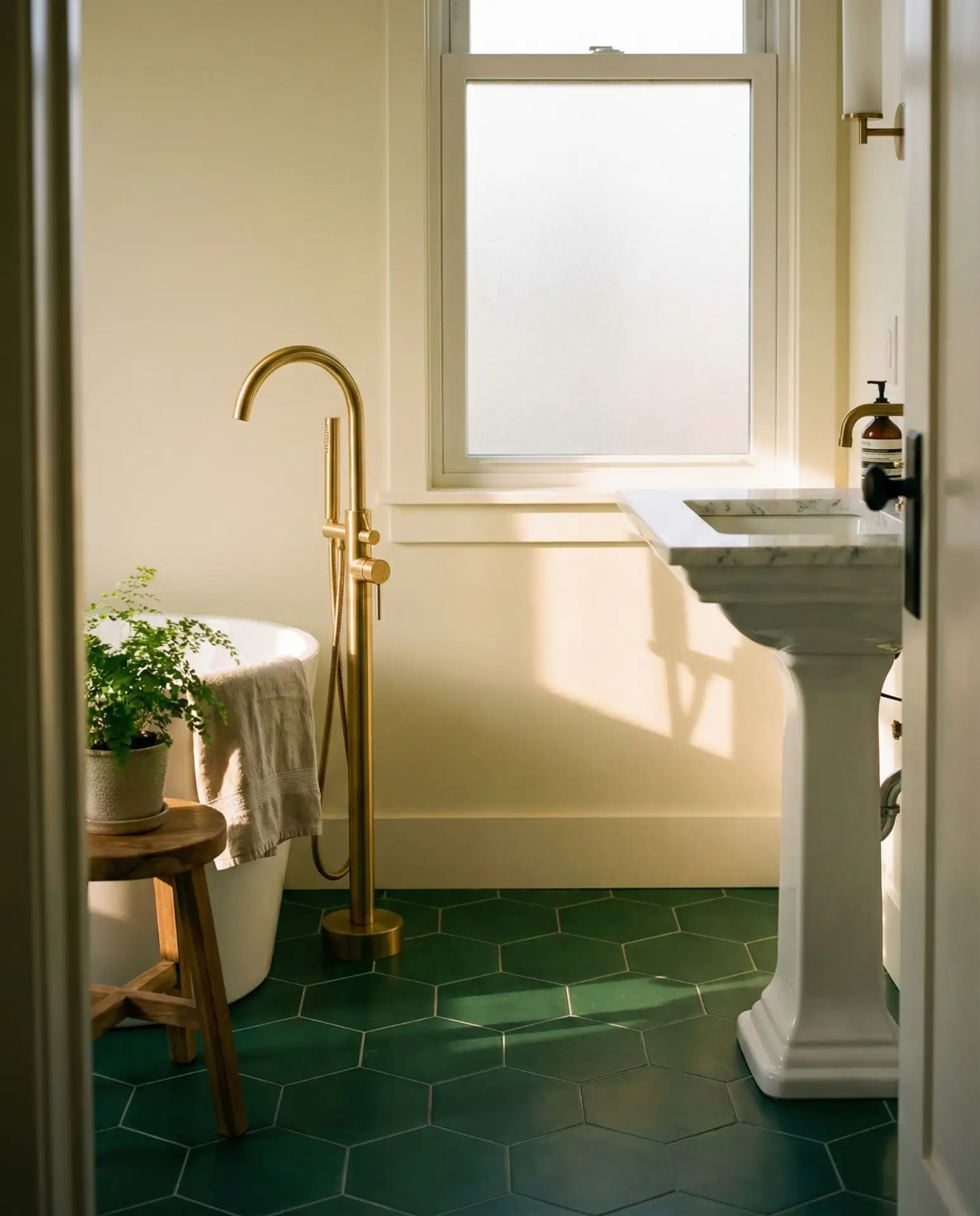 Emerald Green Floor Tiles with Brass Accents 1