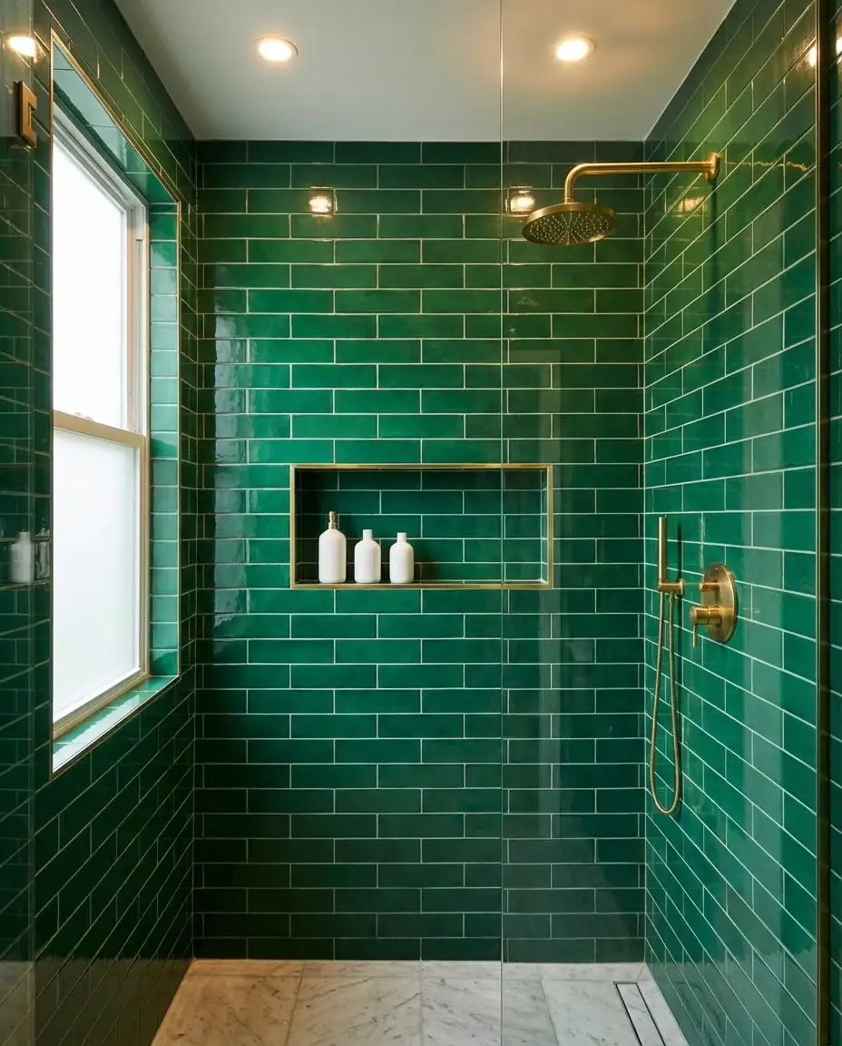 Emerald Green Shower with Brass Niche 2