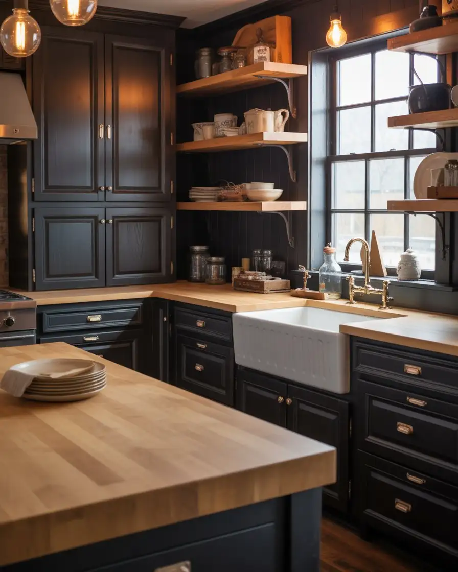 Farmhouse Black Kitchen with Apron-Front Sink 1