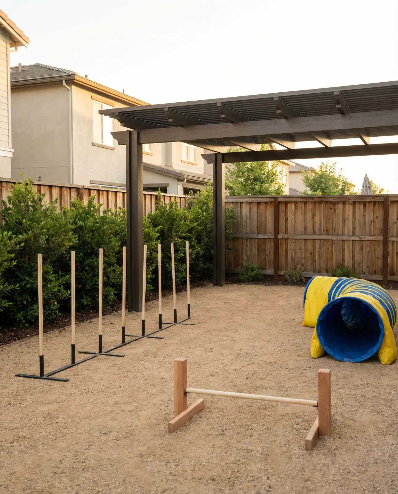 Fenced Dog Run with Agility Course and Shade Pergola
