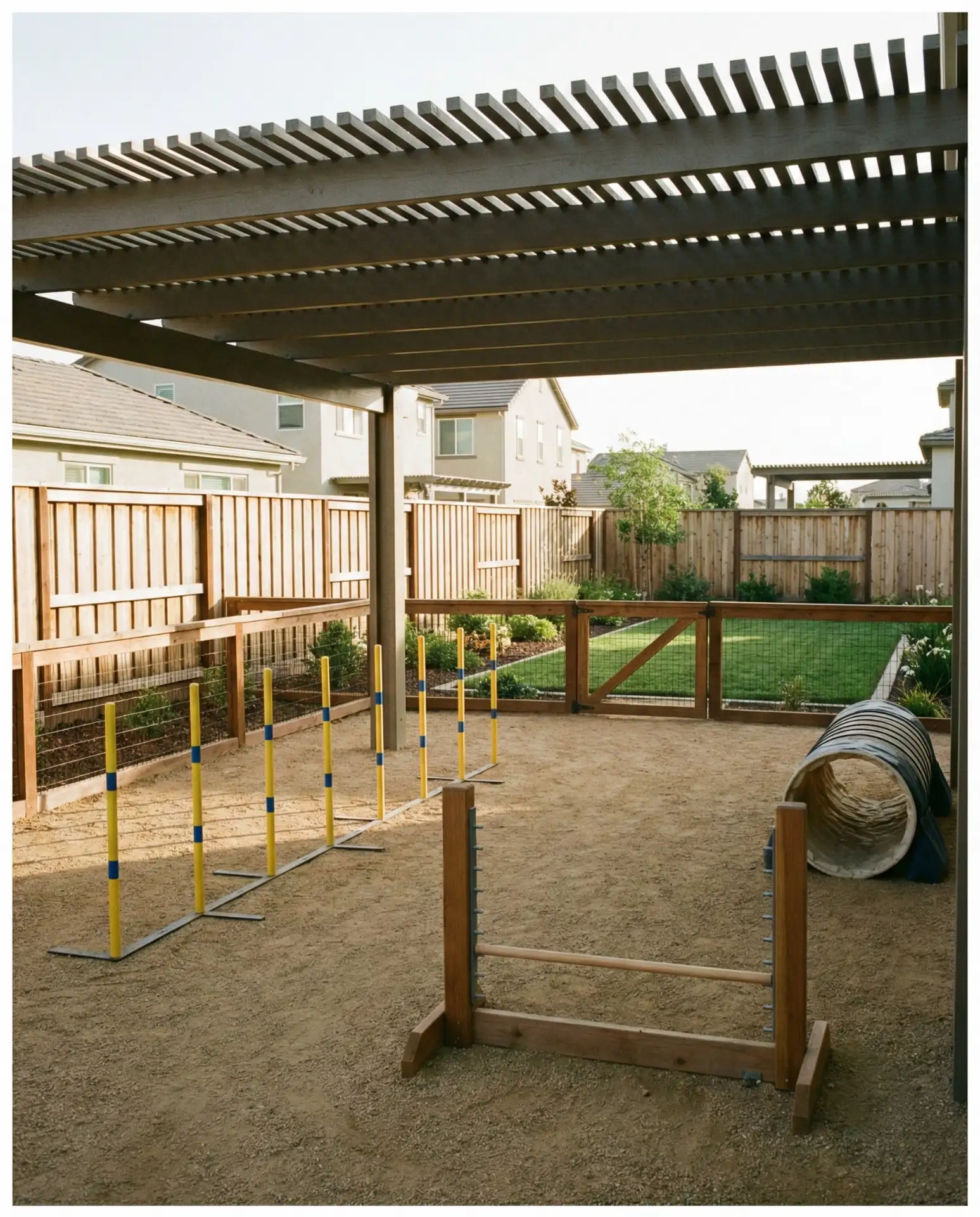 Fenced Dog Run with Agility Course and Shade Pergola