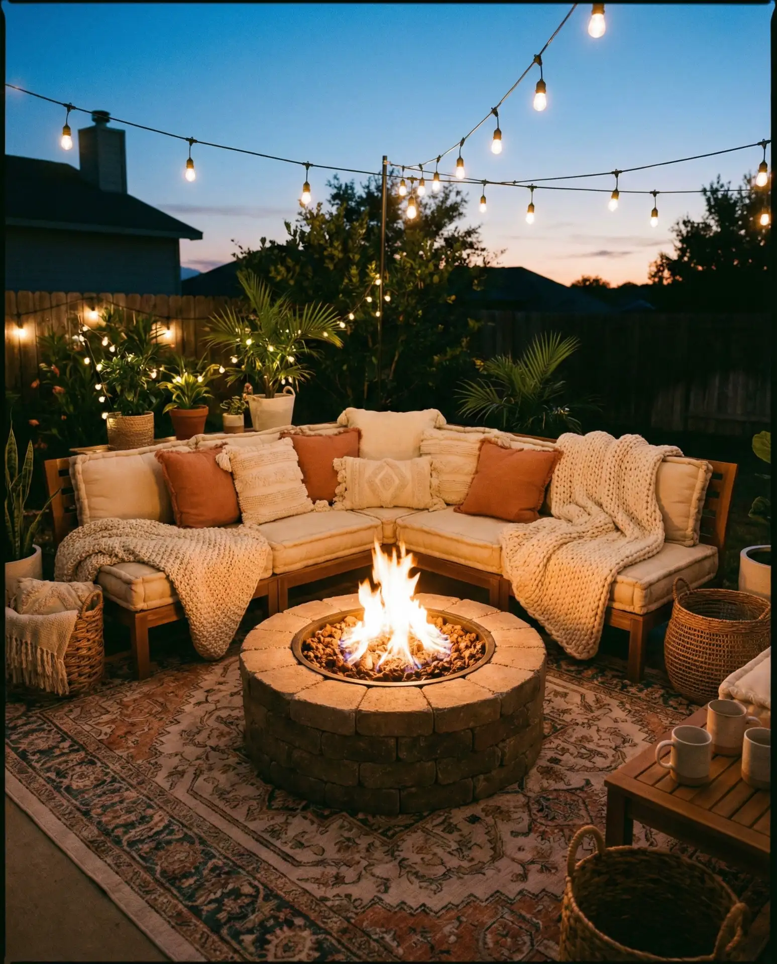 Fire Pit Lounge with Outdoor Rugs and Layered Cushions 1