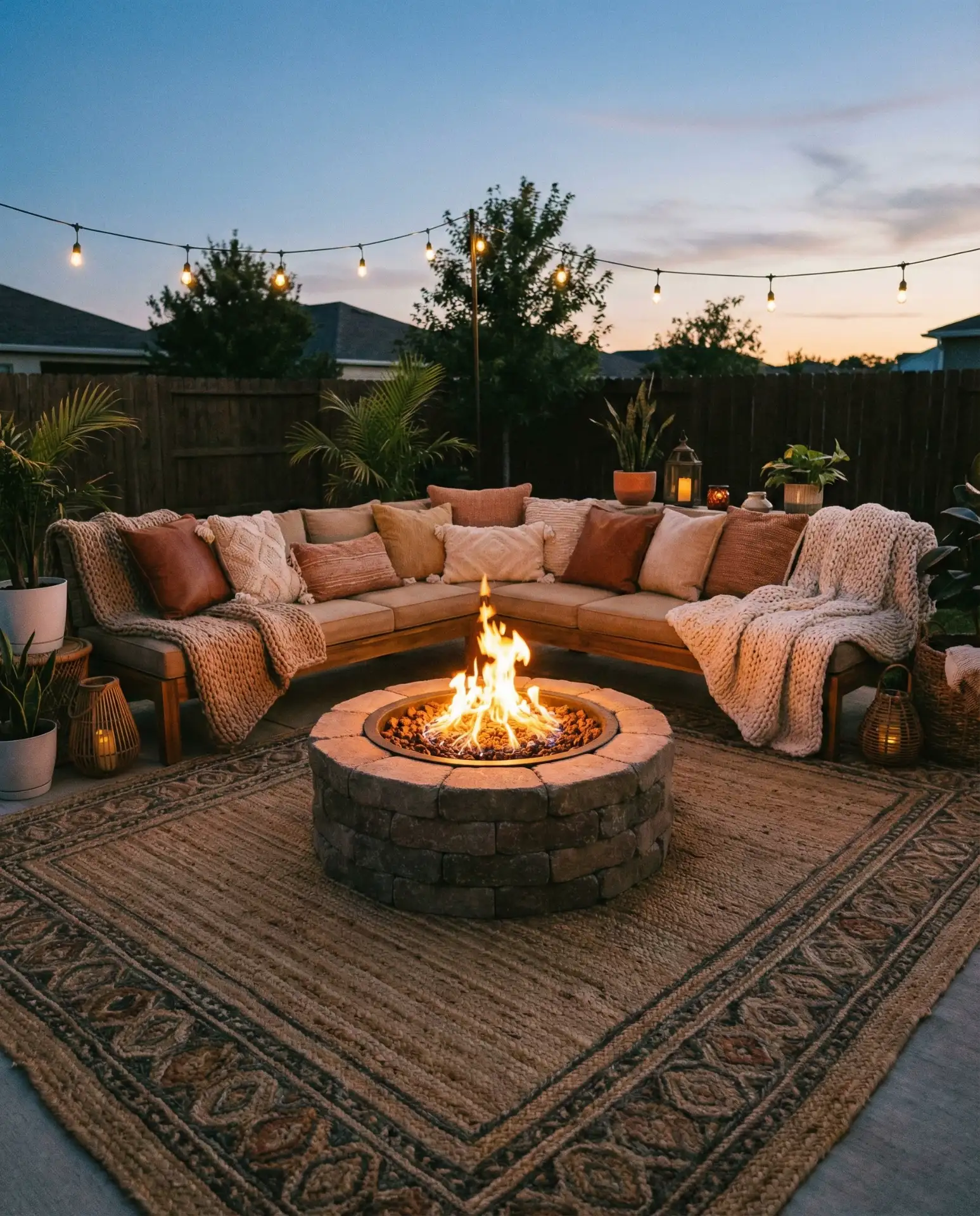 Fire Pit Lounge with Outdoor Rugs and Layered Cushions 2