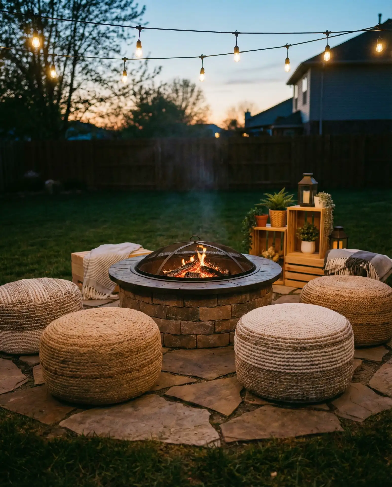 Fire Pit Seating with Woven Poufs 2