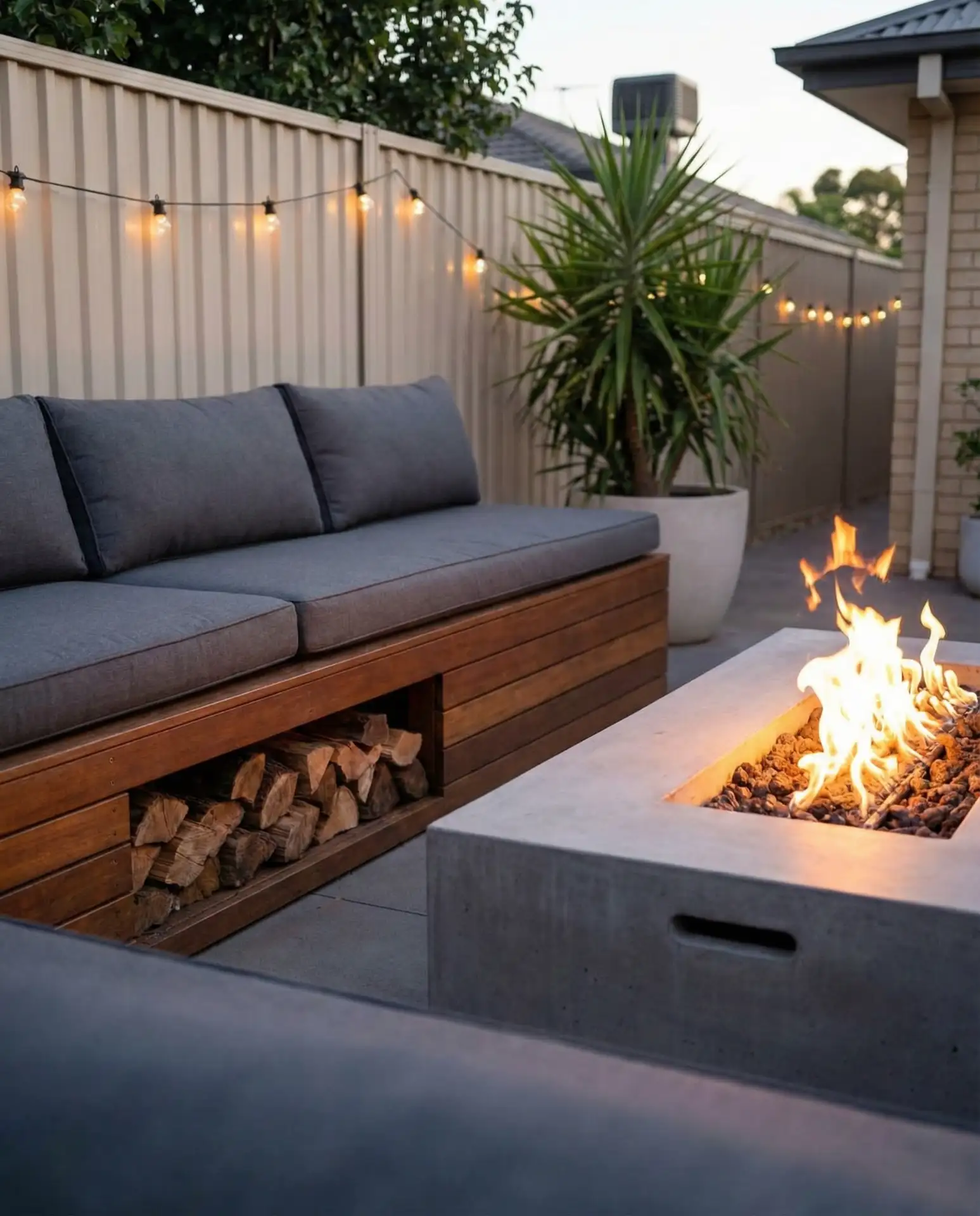Fire Pit with Built-In Wood Storage Bench 1
