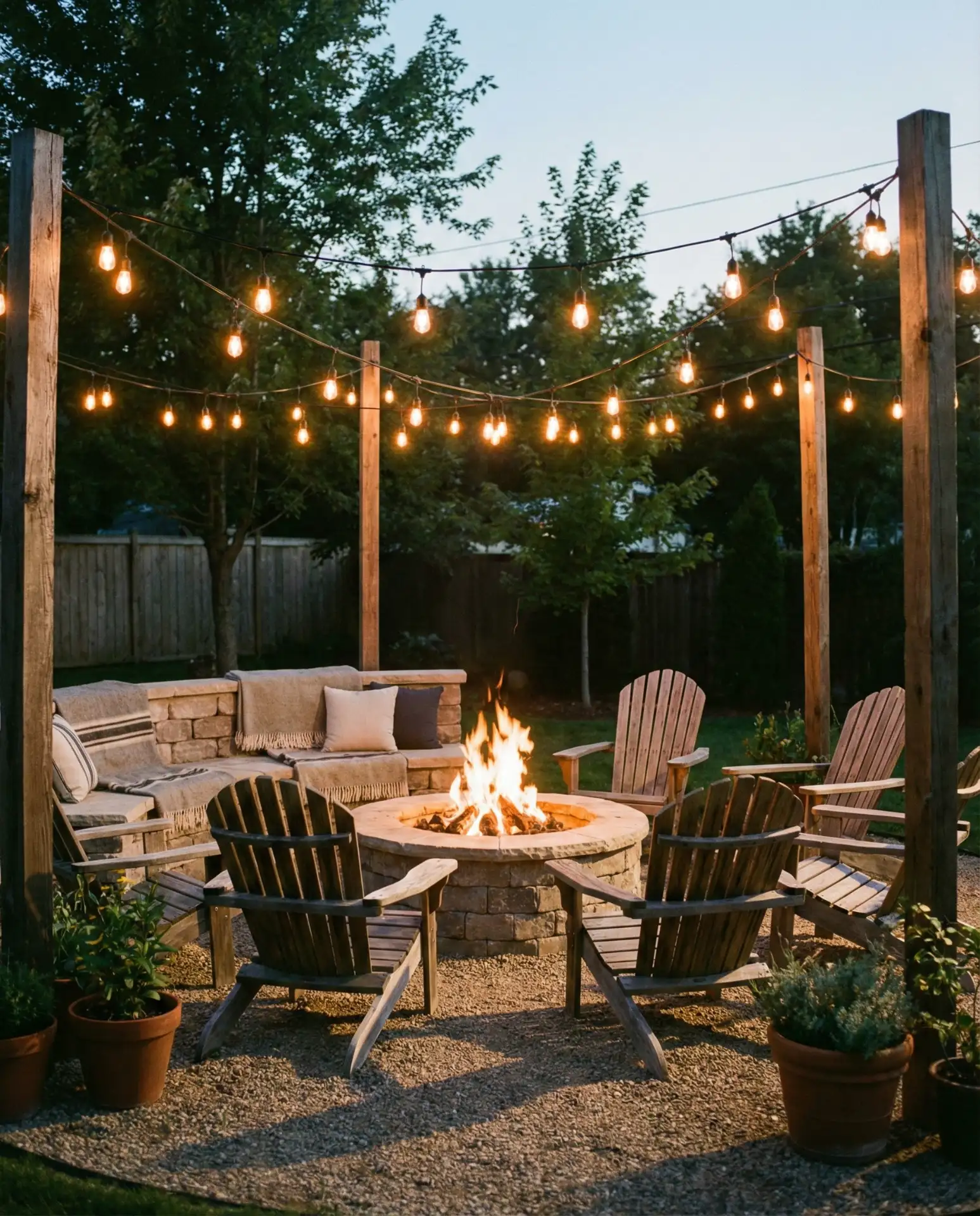 Fire Pit with Overhead String Lights for All-Season Ambiance 2