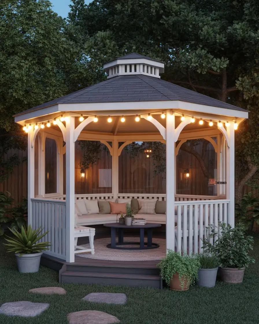 Gazebo Draped with String Lights 1