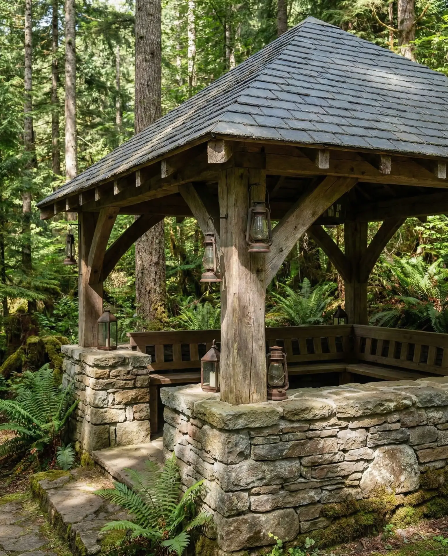 Gazebo with Natural Stone Foundation and Rustic Beams 2