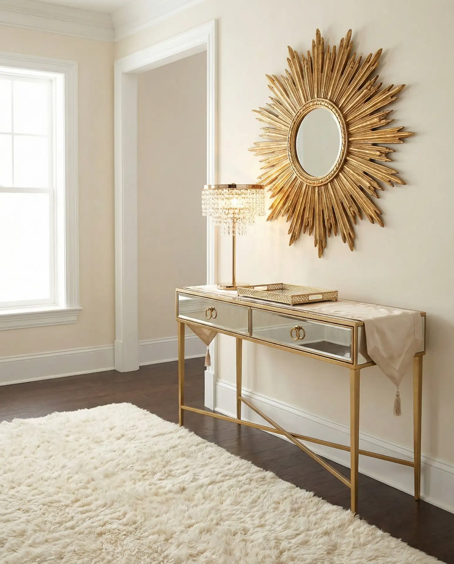 Glam Hollywood Regency Entry with Mirrored Furniture 1