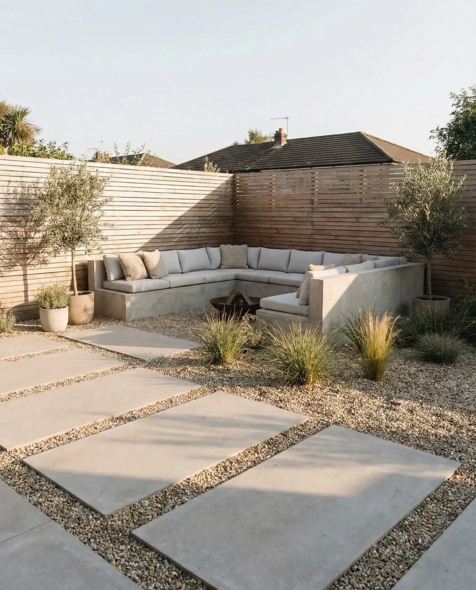 Gravel and Pavers Patio with Built-In Seating Nooks