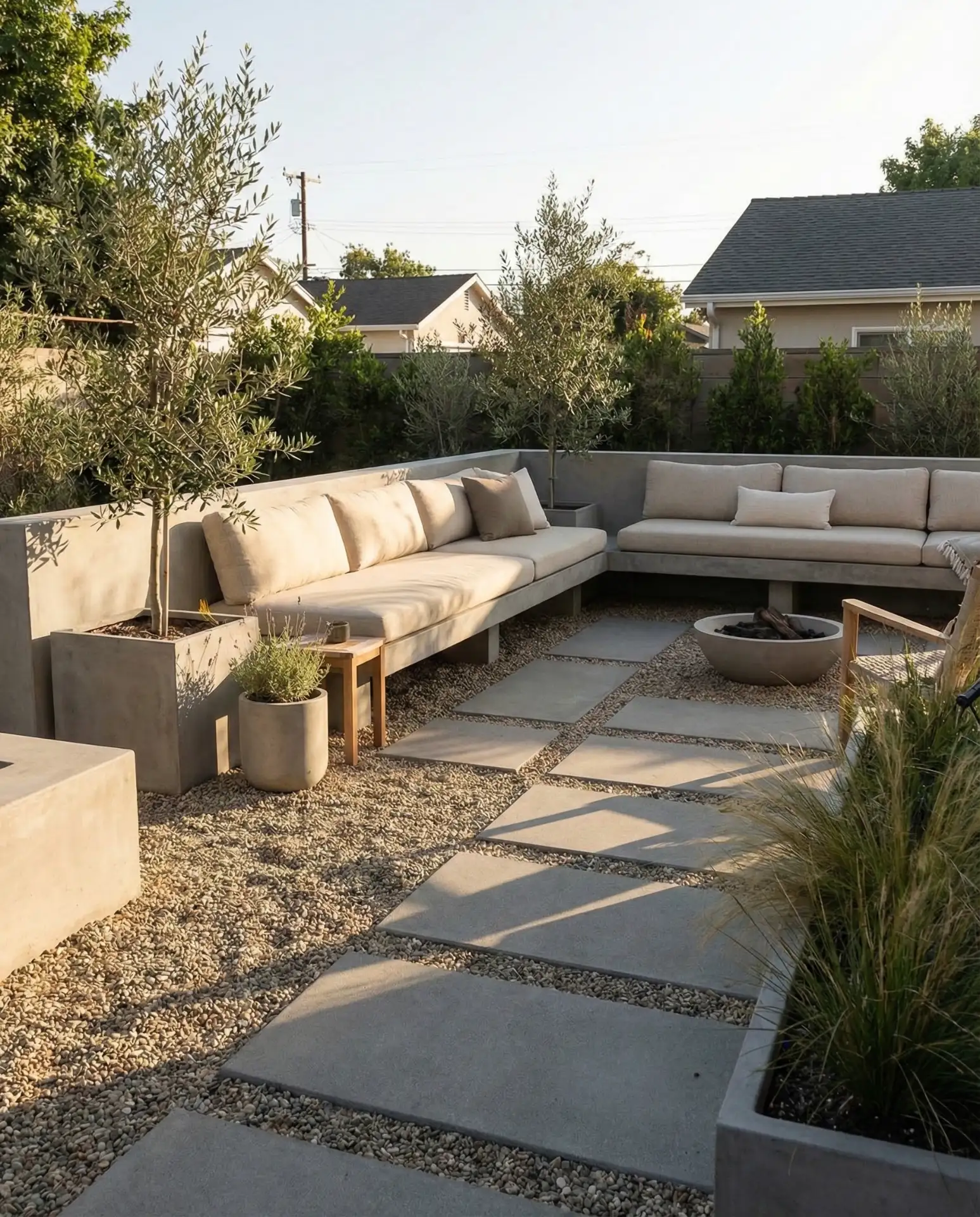 Gravel and Pavers Patio with Built-In-Seating Nooks