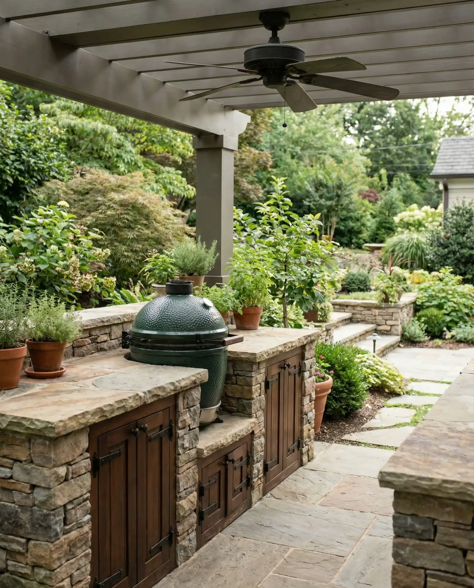 Green Egg Ceramic Grill in Custom Stone Surround 1