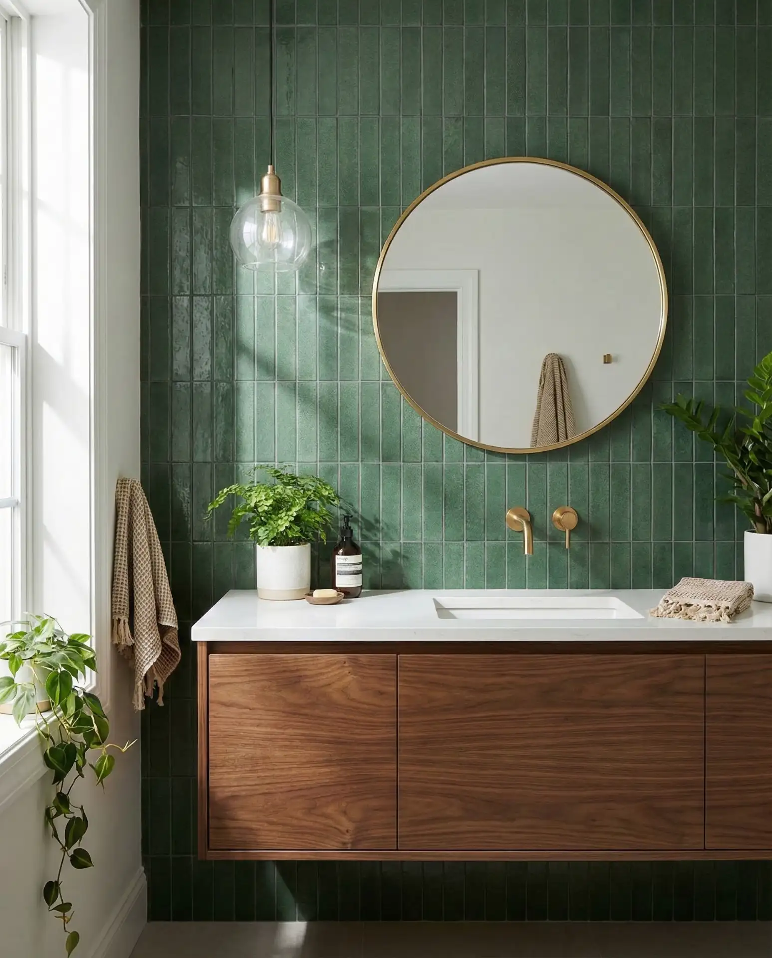 Green Tile Accent Wall Behind Floating Vanity 1