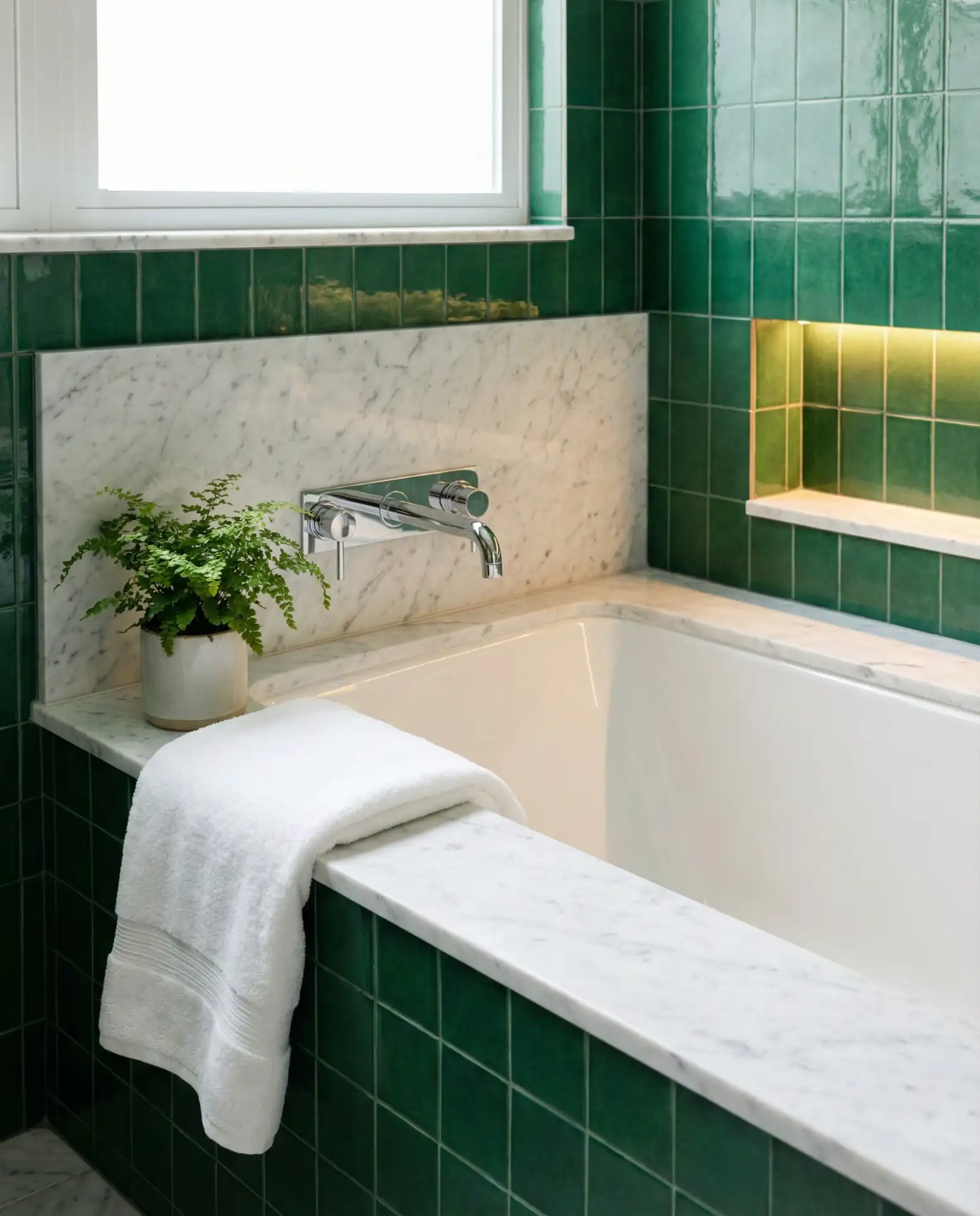 Green Tile Tub Surround with Marble Accents 1
