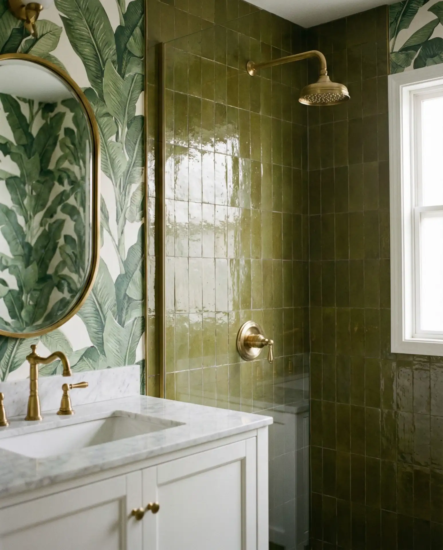 Green Zellige Tiles with Wallpaper Combination 2