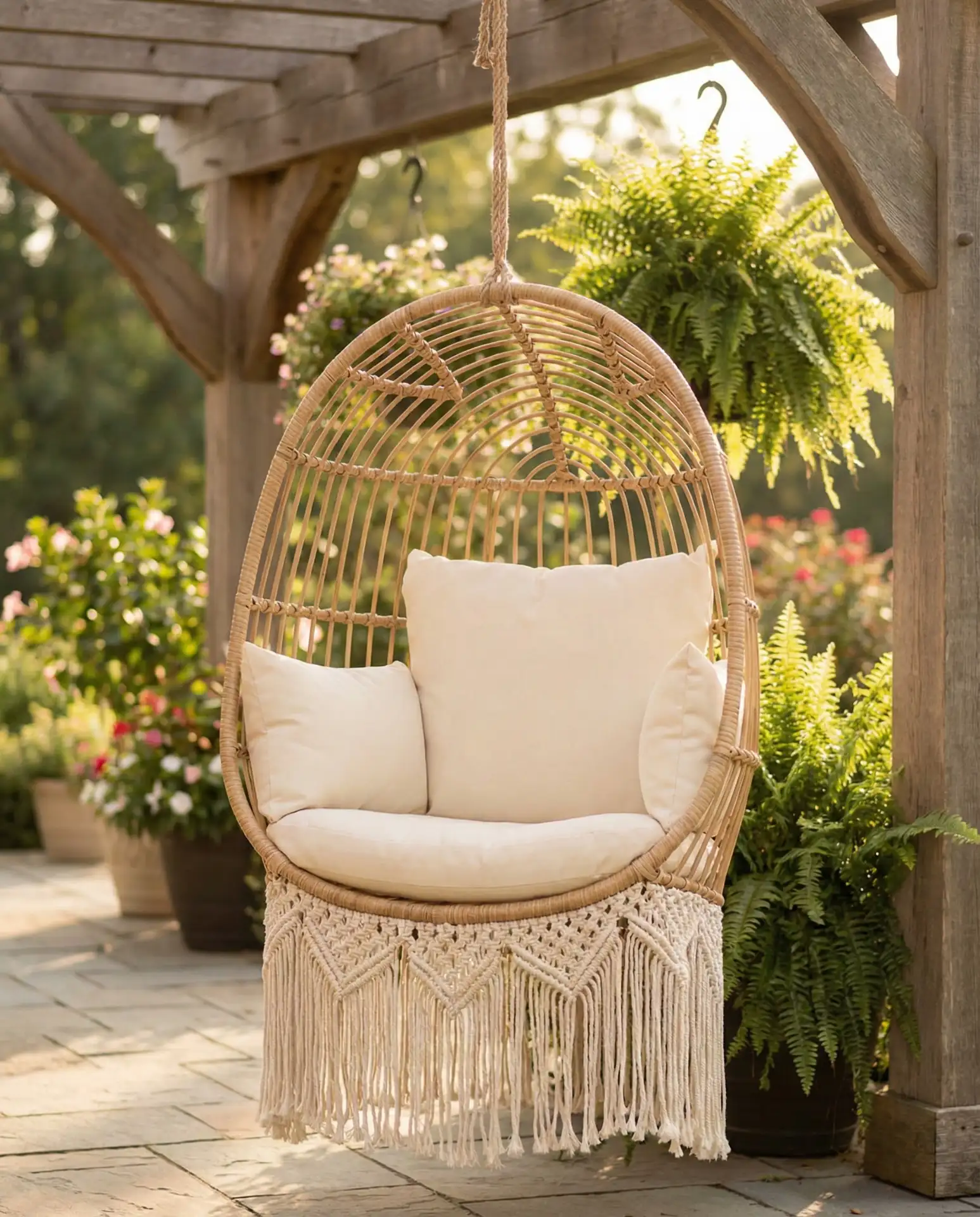 Hanging Egg Chair with Boho Fringe Details 1